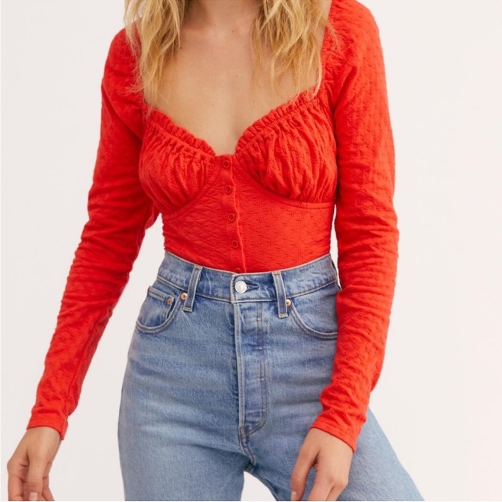 Free People Red Long-Sleeve Sweetheart Bustier Top